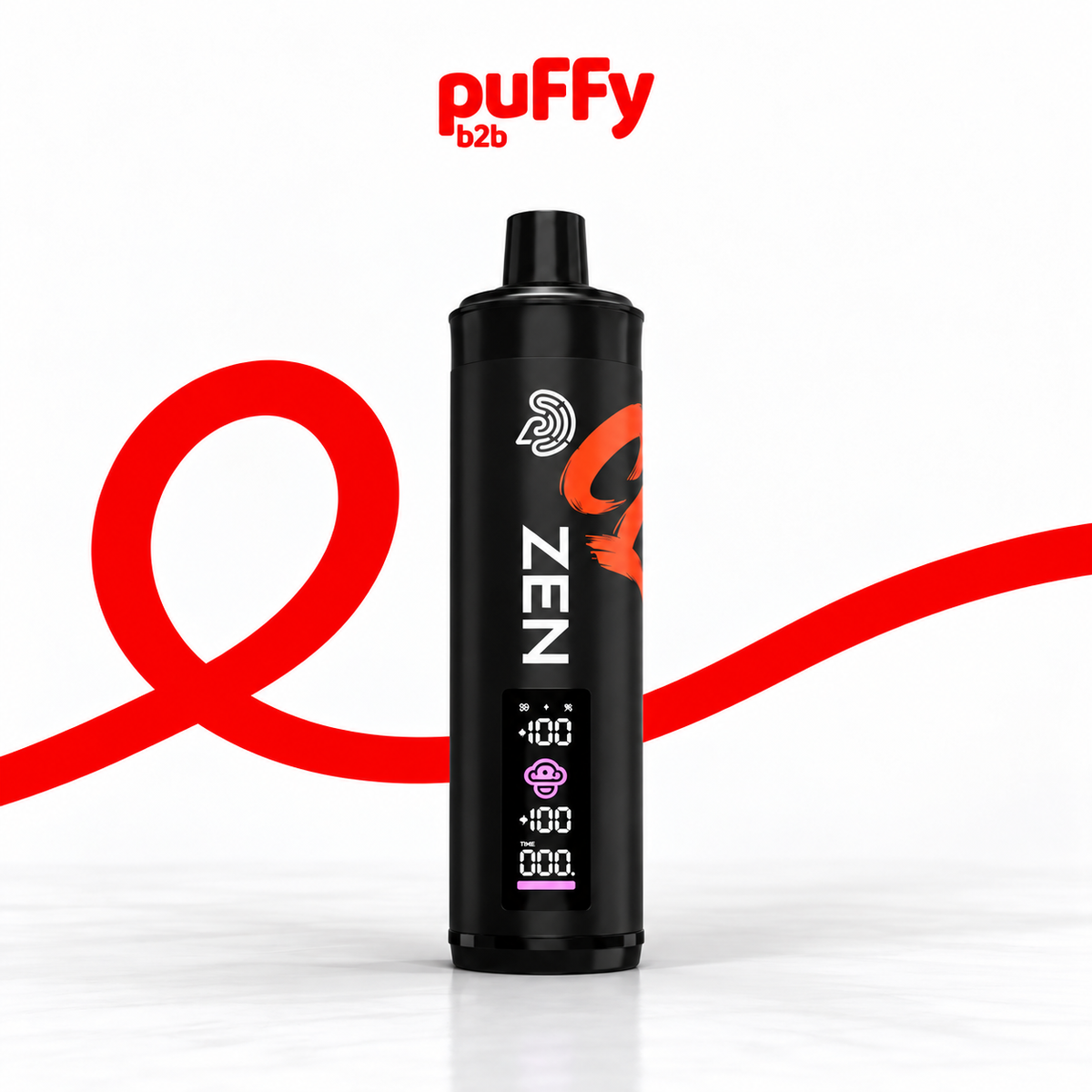 A black disposable vape device labeled 'ZEN' with a digital display, standing upright on a white background with a red wavy graphic and 'puffy b2b' branding at the top.