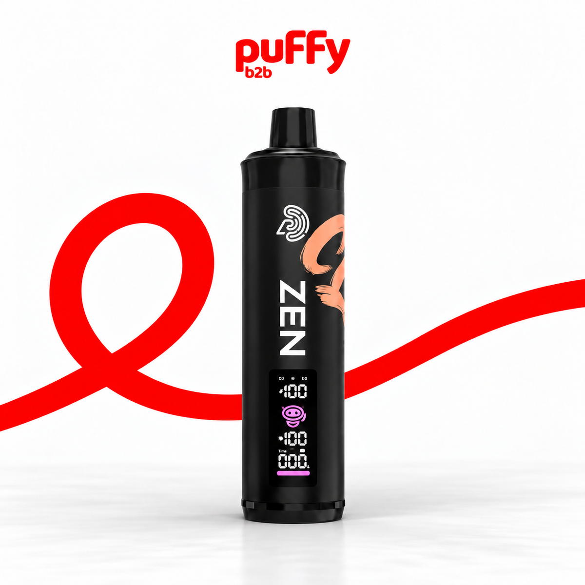 A black Puffy b2b ZEN disposable vape device with a digital screen on the front, set against a white background with a red abstract loop graphic and the Puffy b2b logo at the top.