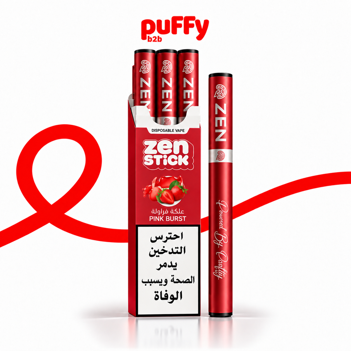 A red box of Puffy b2b Zen Stick disposable vape pens with a single pen standing beside it on a white background, with a large red loop graphic behind them.