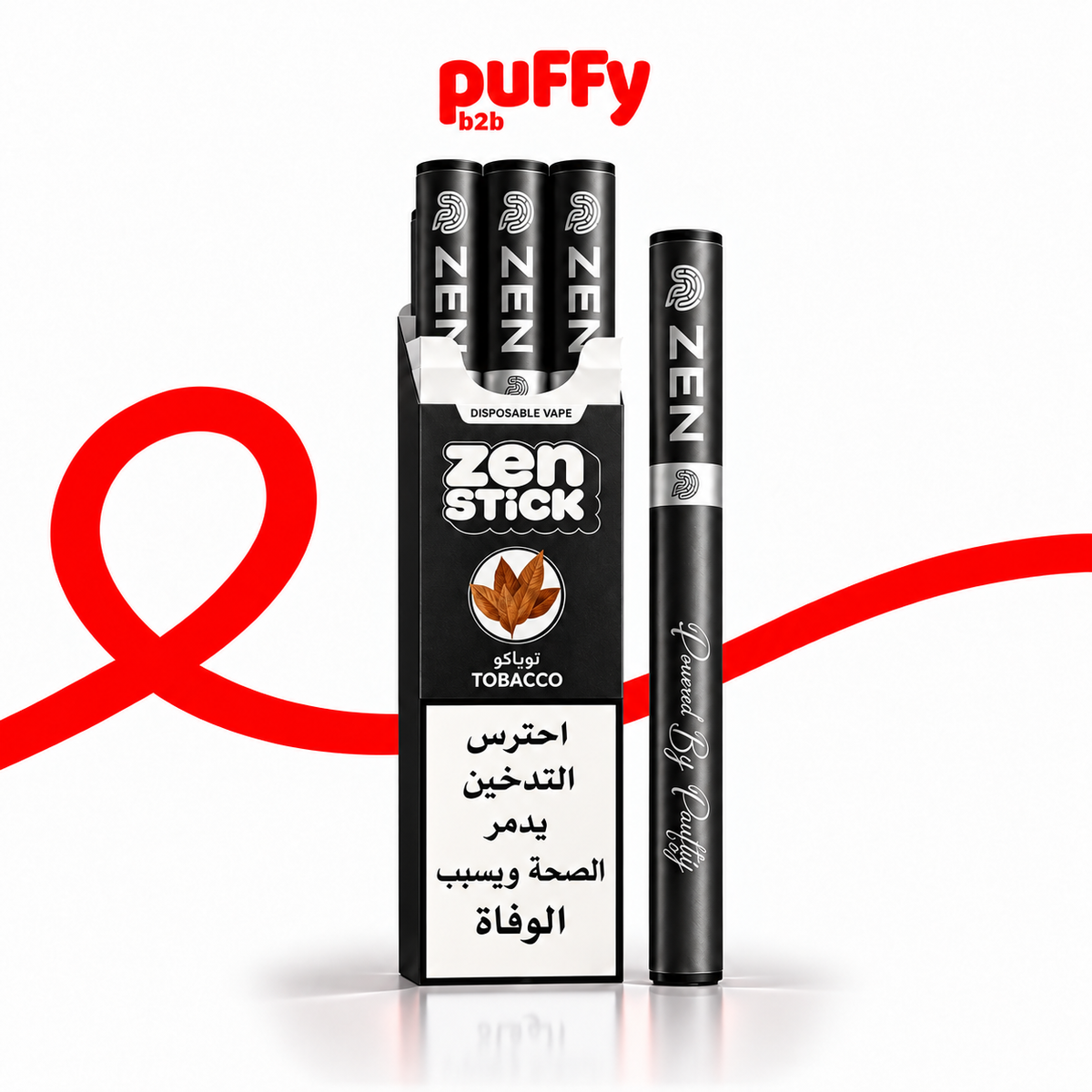 Zen Stick disposable vape packaging and a single vape device in black, with white text and a red puffy p2b logo above on a white background with a red curved line graphic.
