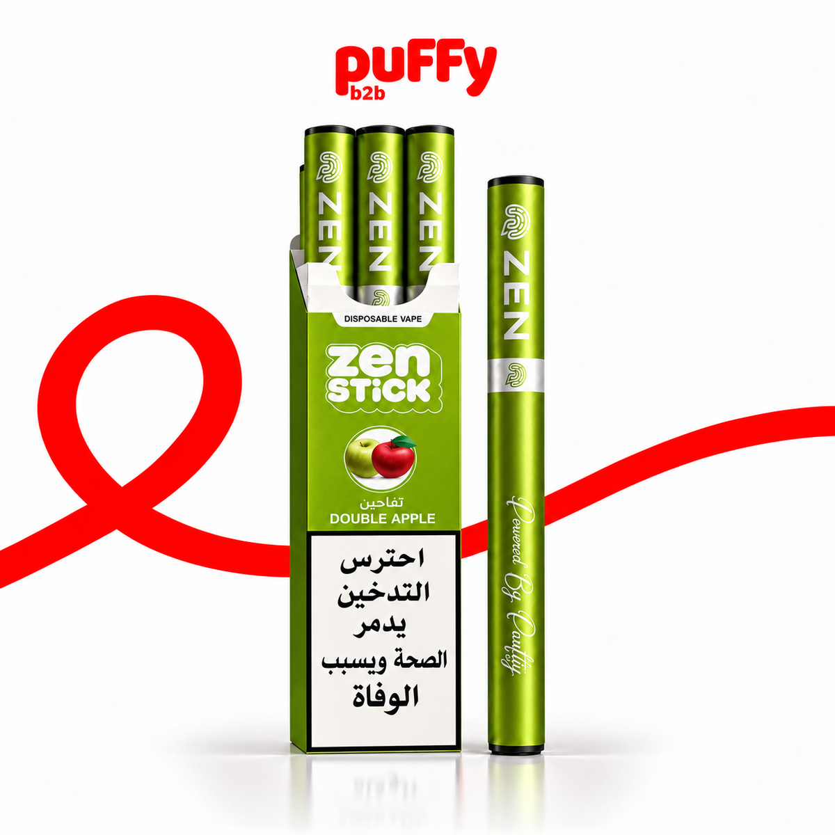 Puffy b2b Zen Stick disposable vape in Double Apple flavor, shown with its green packaging box and a single slim green vape device on a white background with a red graphic accent.