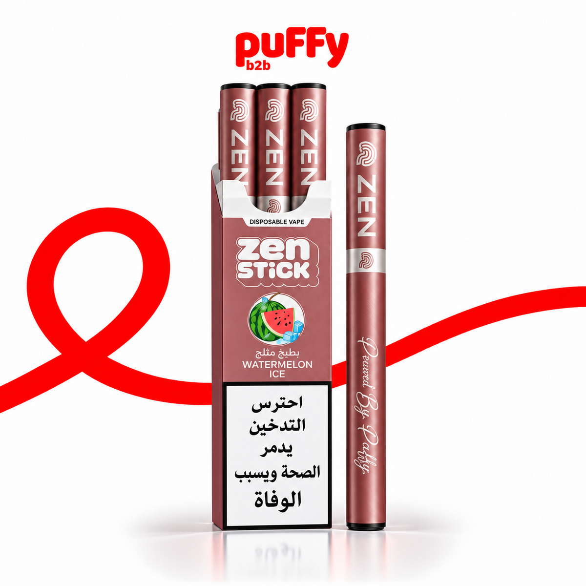 A box and single disposable vape pen of Puffy ZEN Stick in Watermelon Ice flavor, shown on a white background with a red ribbon graphic and Puffy logo.