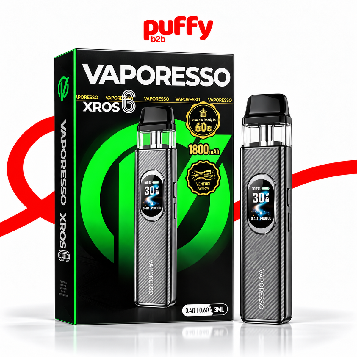 Vaporesso Xros 6 vape device shown next to its retail packaging box on a white background with a red Puffy b2b logo above. The device is metallic gray with a digital screen and a black mouthpiece.