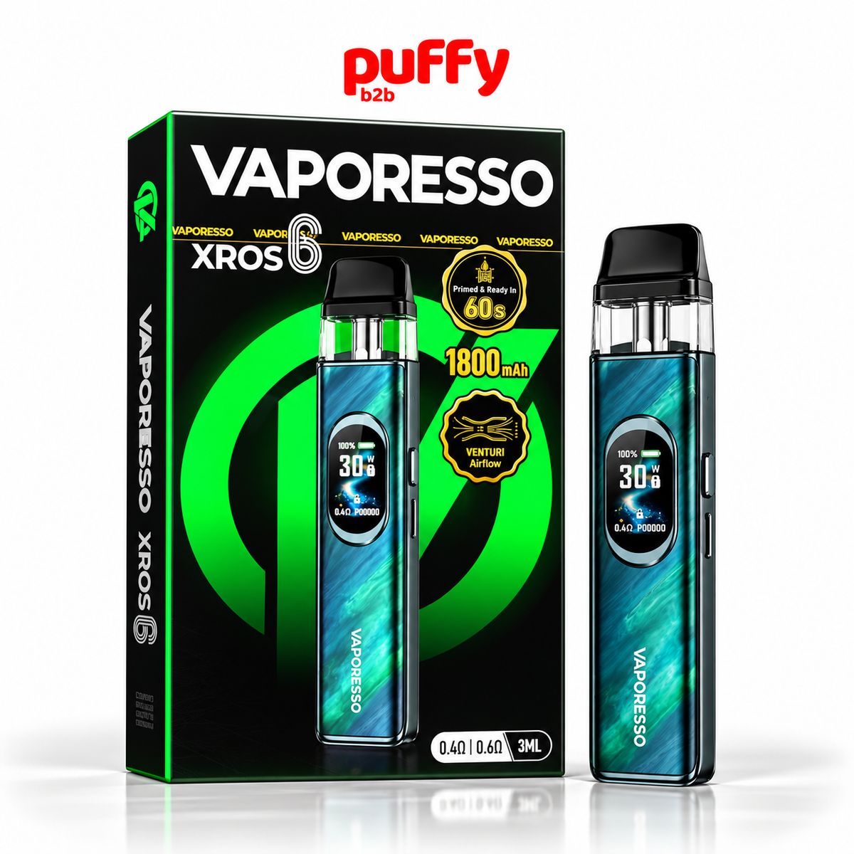 Vaporesso Xros 6 Vape in blue and green gradient finish shown next to its black retail packaging box with green accents. The brand logo 'puffy b2b' is visible at the top of the image.
