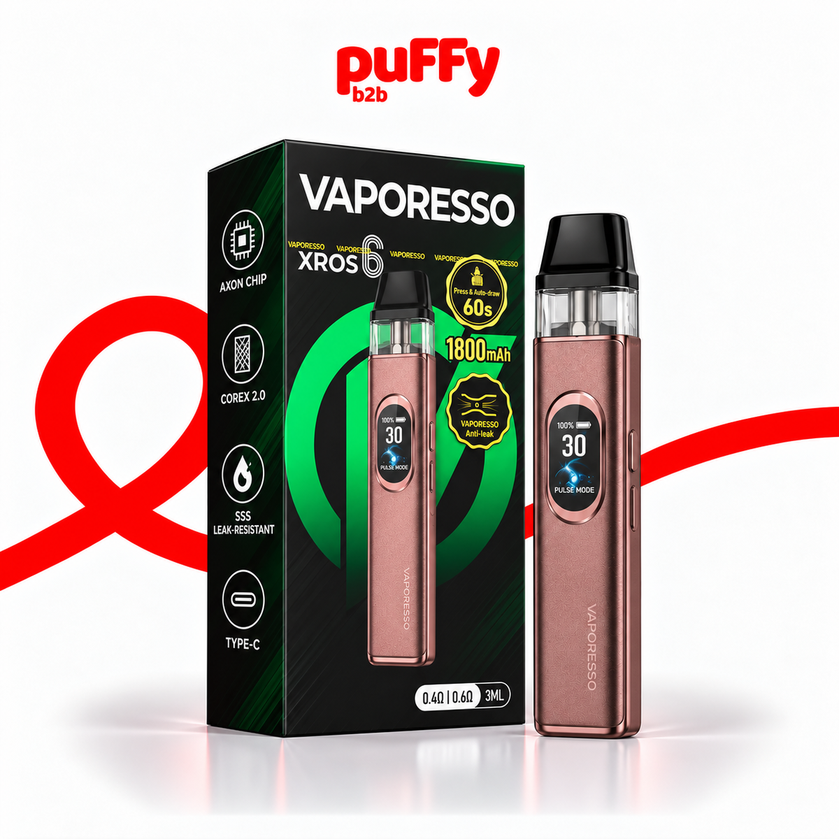 Vaporesso Xros 6 vape device in rose gold next to its black and green retail box, with the Puffy b2b logo at the top on a white background with a red graphic accent.