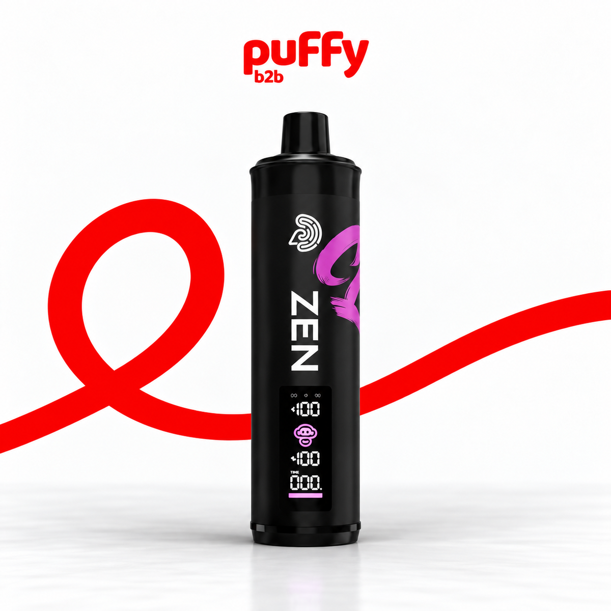 A black cylindrical vape device labeled 'ZEN' with a small digital display, standing upright on a white surface. The brand name 'puffy b2b' appears in red at the top, and a large red curved graphic runs behind the product on a white background.