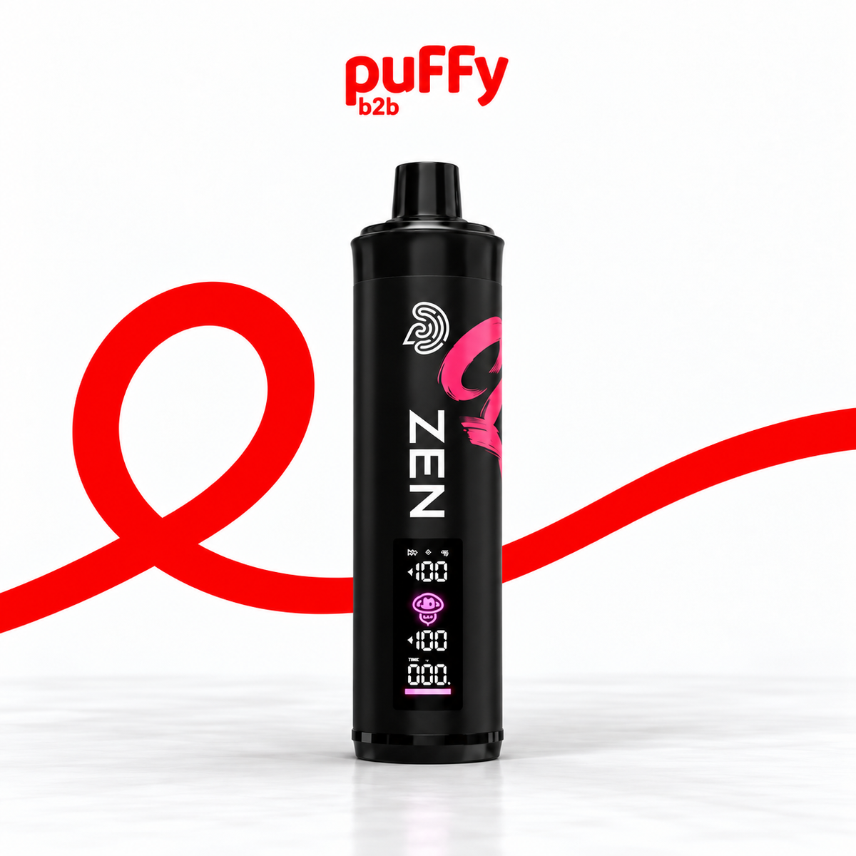 A black cylindrical vape device labeled 'ZEN' with pink and white graphics, standing upright on a white background with a red abstract wave and the 'puffy b2b' logo above.