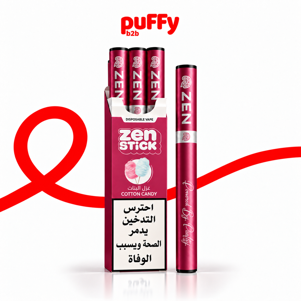 Puffy b2b Zen Stick disposable vape in cotton candy flavor, shown with its retail box and a single vape pen on a white background with a red ribbon graphic.