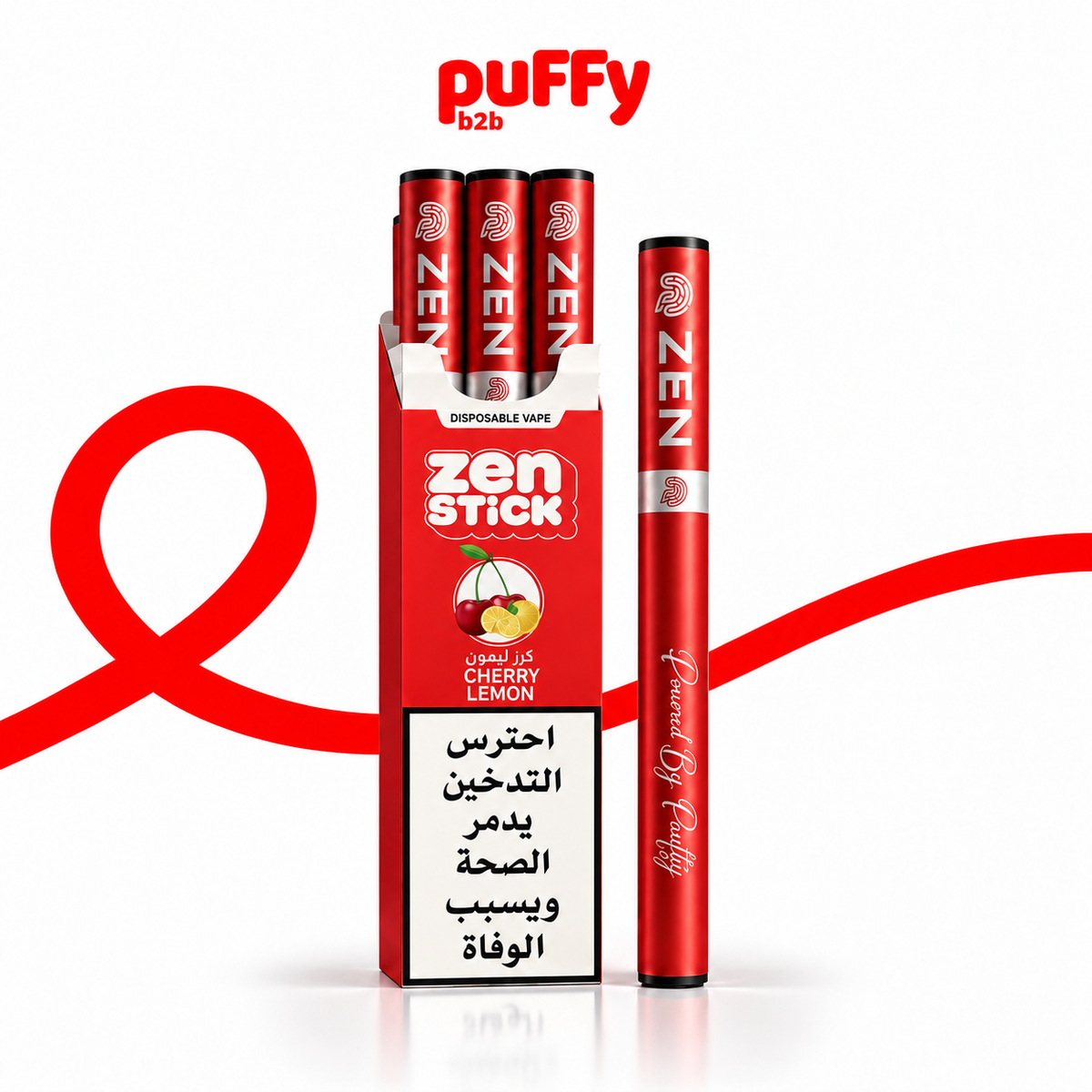 Puffy b2b Zen Stick disposable vape in Cherry Lemon flavor, shown with a red and white box containing three vapes and one single vape pen standing next to it on a white background with a red ribbon graphic.