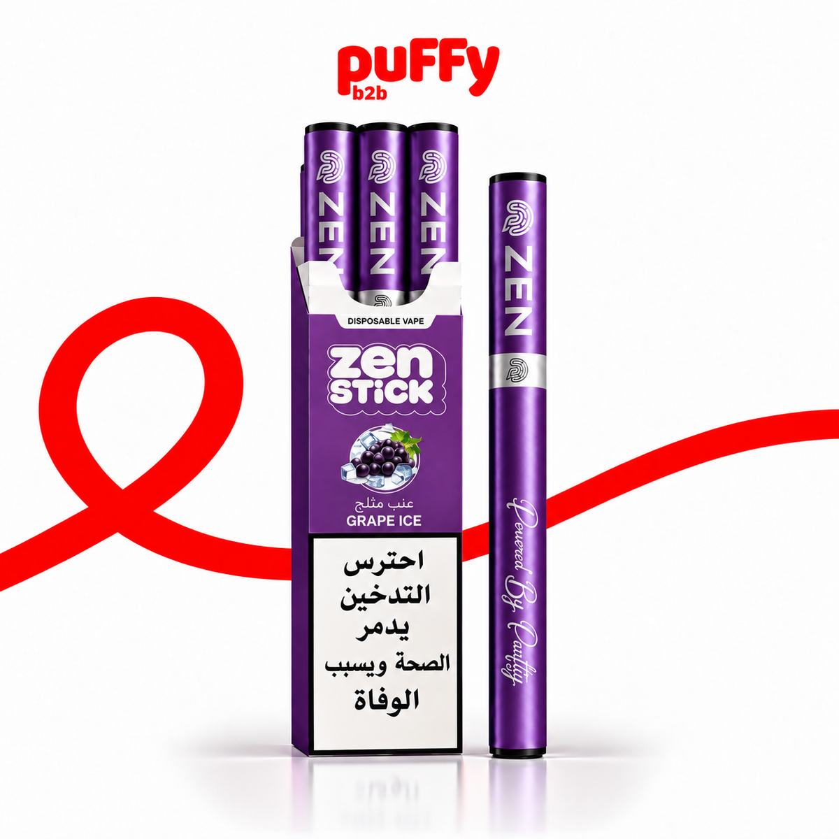 A purple Puffy b2b Zen Stick disposable vape and its matching packaging box, both labeled Grape Ice, shown on a white background with a red Puffy logo and a red curved graphic behind them.