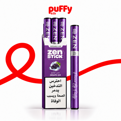 A purple Puffy b2b Zen Stick disposable vape and its matching packaging box, both labeled Grape Ice, shown on a white background with a red Puffy logo and a red curved graphic behind them.