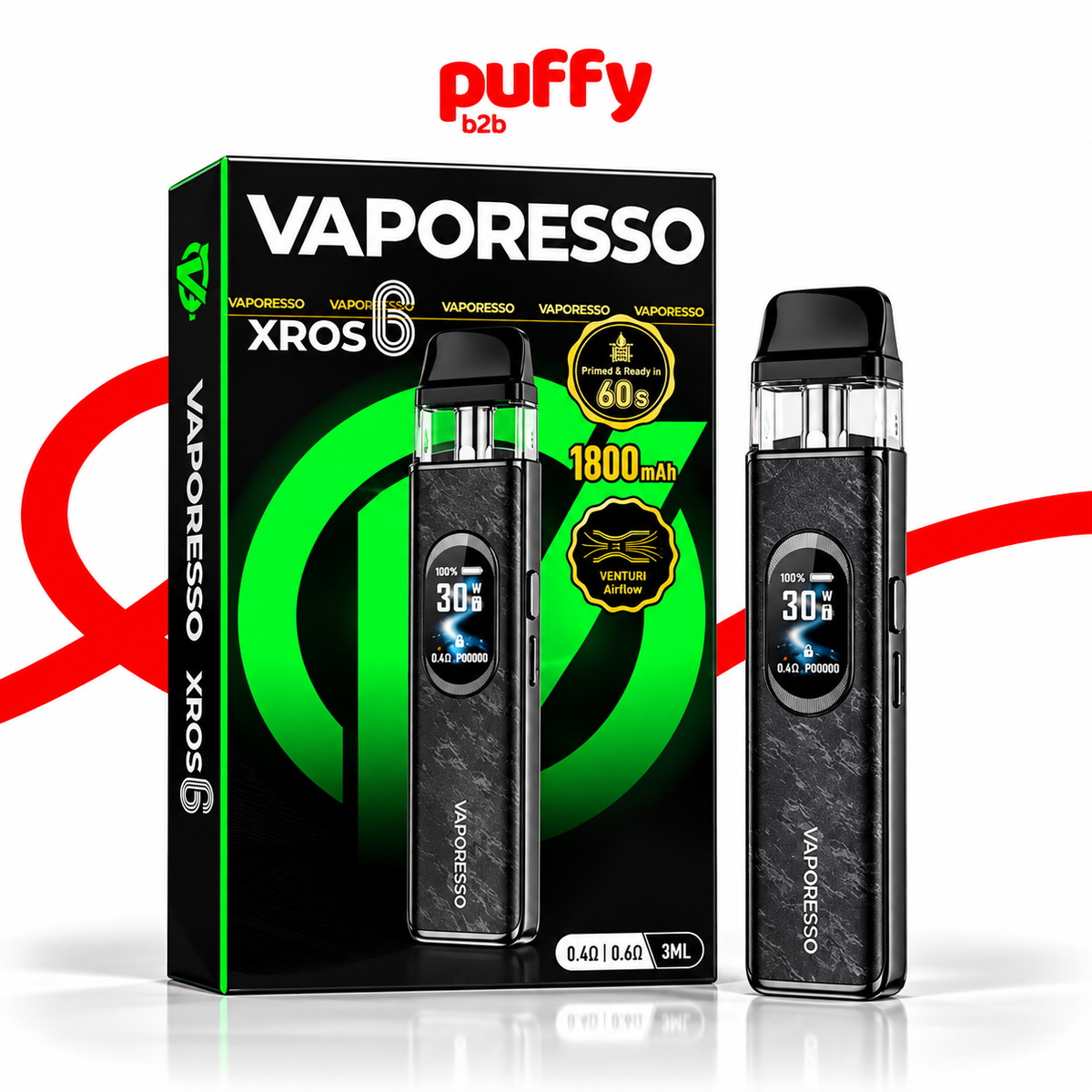 Puffy b2b Vaporesso Xros 6 disposable vape device shown next to its retail packaging box. The device has a black and dark gray textured body with a digital screen displaying '30%'.