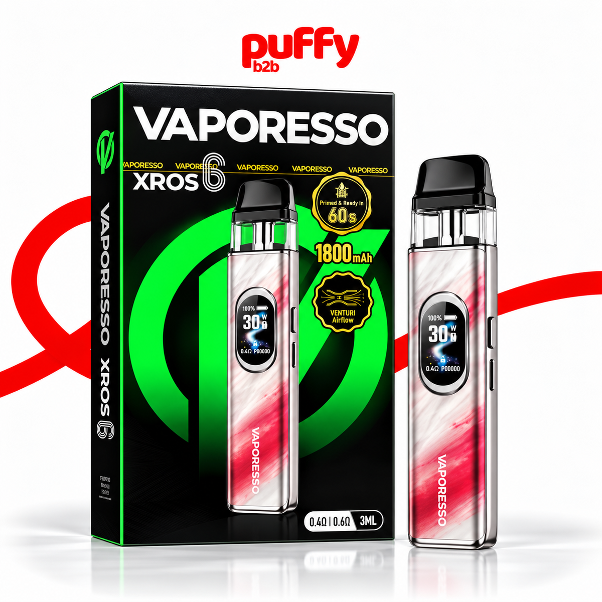 Puffy b2b Vaporesso Xros 6 vape device shown next to its retail packaging box on a white background with red graphic accents.